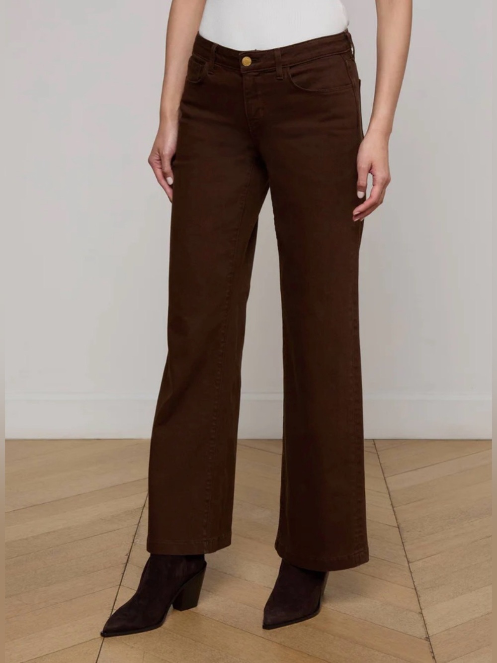 L'AGENCE Sz 32 Wide Leg Straight Brown Denim Jeans Brass Button Zip Closure